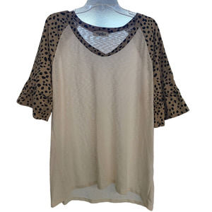 Haptics Cream with Cheetah Accents Short Sleeve Waffle Knit Shirt - 1X